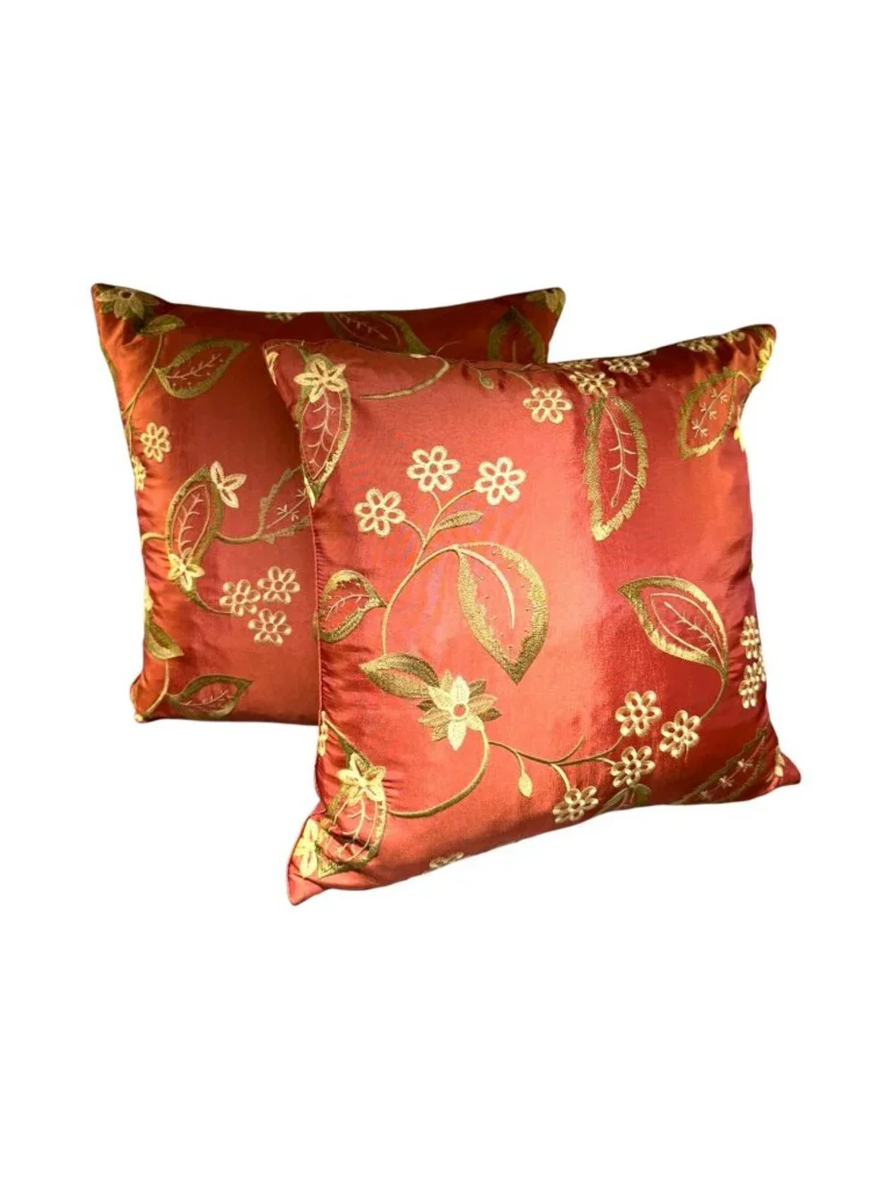 Set of 2 Rust/Gold Embroidered Floral Throw Pillows 17x17 Decorative Accent